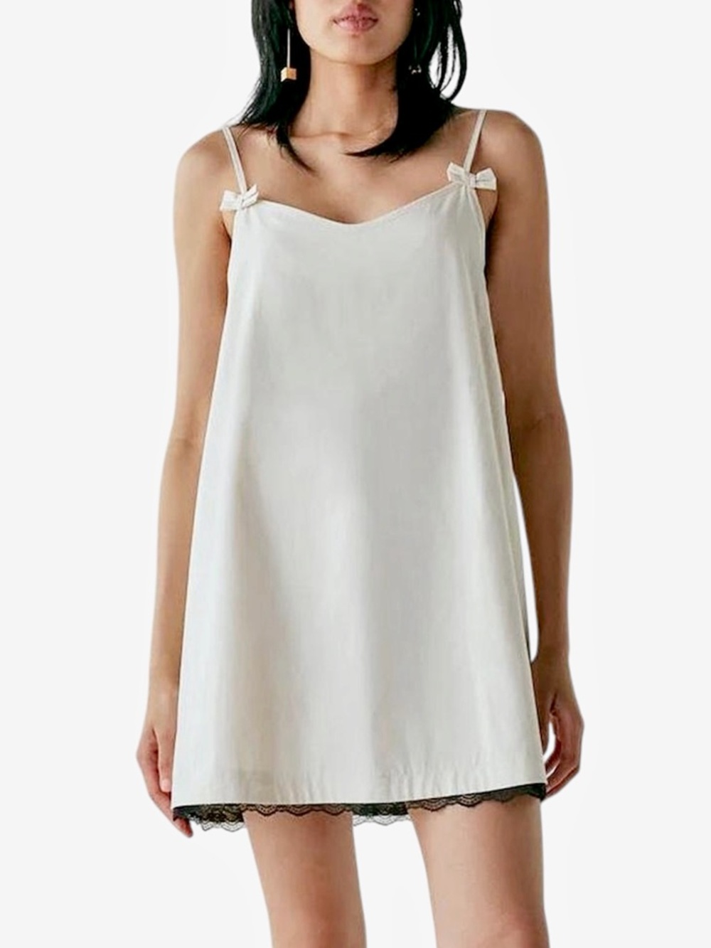 NWT – VRG GRL – Silvia Mini Dress – Cream Slip Bow Strap Lace Hem – Sz. 14